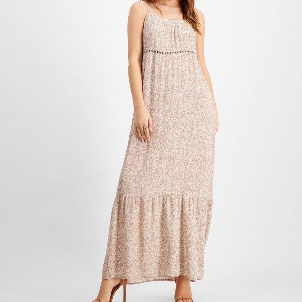 Hippie Rose Beige Crochet-Trimmed‎ Maxi Dress With Mauve Floral Print